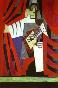  1919 Oil Painting - Polichinelle with Guitar Before the Stage Curtain 1919 Cubist
